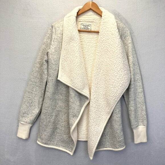 Abercrombie & Fitch Sherpa Lined Open Cardigan Sweater Womens Medium Gray Cream - Picture 1 of 12